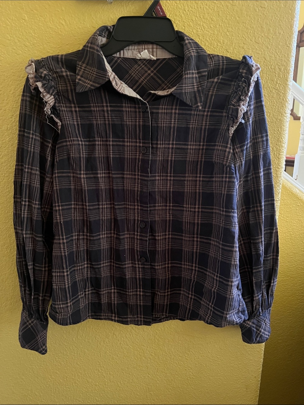 Hem & Thread Navy Plaid Button-Down Shirt with Ruffle Shoulders